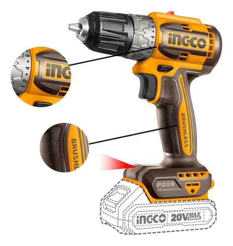 Taladro Inalámbrico Ingco Sin Escobillas Con 2 Baterías Y Cargador De Naranja