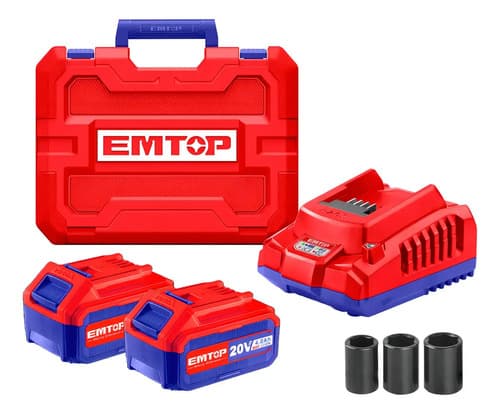 Llave De Impacto 500nm + 2 Baterias 4ah Y Cargador Emtop Color Rojo
