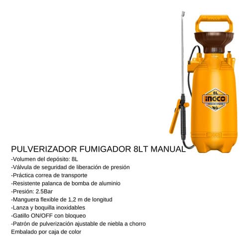 Pulverizador Fumigador Manual Lanza Mochila 8l Ingcohspp3082 Color Naranja
