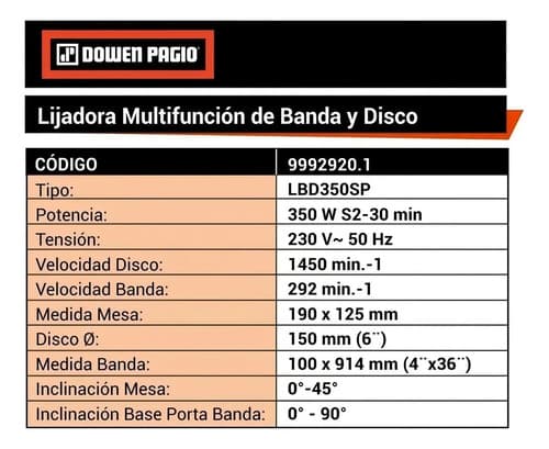 Lijadora De Banda Y Disco 350 W Dowen Pagio 9992920.1 Naranja 50 Hz