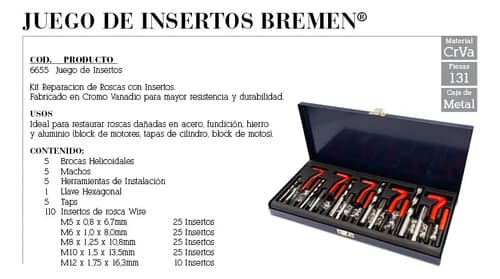 Kit Reparador Roscas Insertos Machos Mechas Bremen® 6655 Rojo