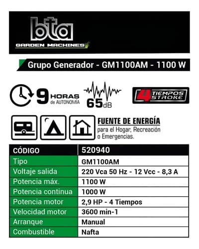 Generadores A Nafta 1100w 220v Motor 2.9 Hp Bta 520940
