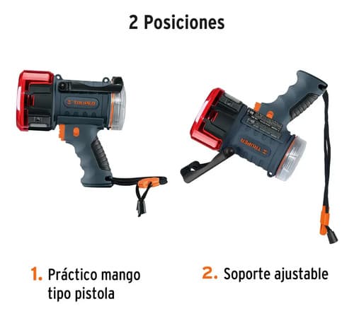 Linterna Reflectora Led 2000 Lm, Recargable, Truper Gris