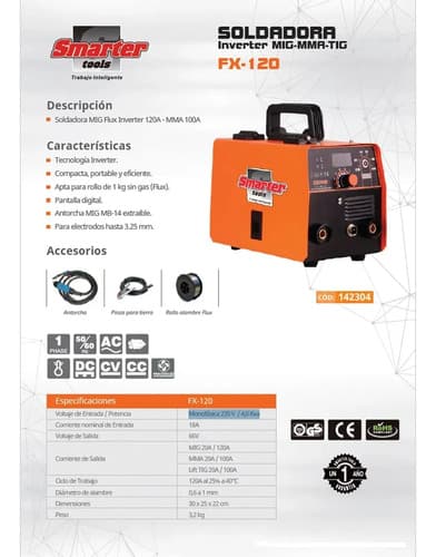 Soldadora Mig Flux Mma Tig 120a Smarter Fx120 Pro C/ Careta Naranja