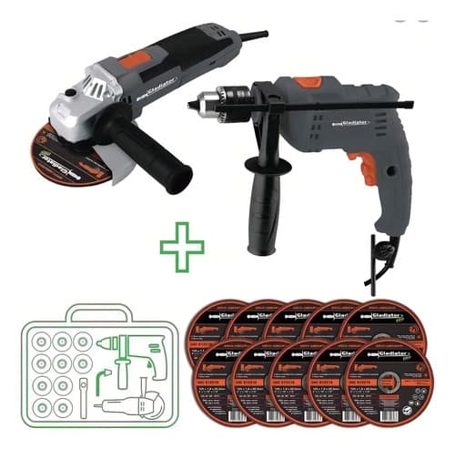 Kit Taladro Percutor + Amoladora Angular Color Gris Frecuencia 50-60hz