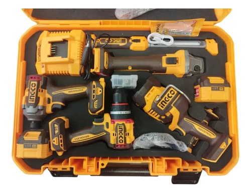 Kit Herramientas Inalámbricas Ingco Con Taladro, Amoladora Y Maletín, 22 Piezas Y 2 Baterías 4.0 Ah