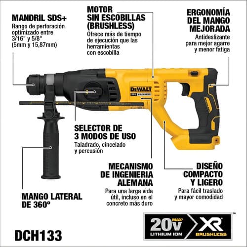 Rotomartillo Sds Plus 1 Pul 20 V Inalambrico Dewalt Dch133b Amarillo/negro