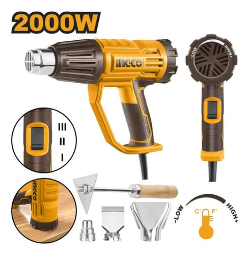 Pistola De Calor 3 Niveles 2000w Con Accesorios Ingco.hnt Amarillo