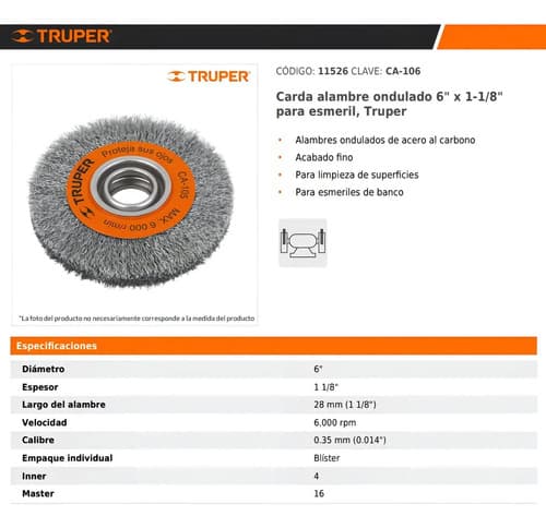 Cepillo Alambre Acero Amoladora Banco 6 Pulgada Truper 11526 Naranja