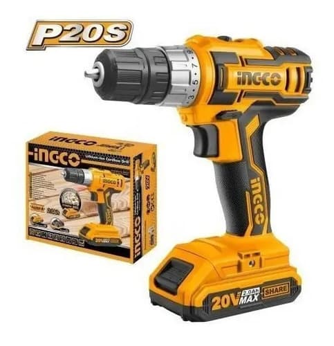 Taladro Atornillador 10mm Con 1 Bateria 20v Litio Ingco P20 Color Amarillo Frecuencia 50 Hz/60 Hz Naranja