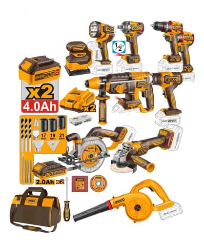 Kit Ingco 11 Herramientas 20v Con 4 Baterias Y + Accesorios