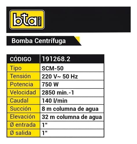 Bomba Centrífuga Bta Scm-50 140l/min Agua Sucia Impulsor Acero Negro