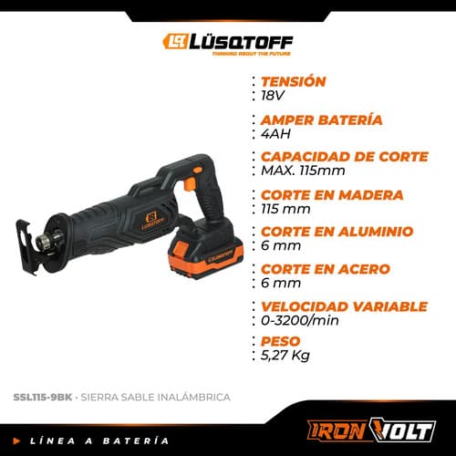 Sierra Sable Inalambrica A Bateria Profesional 4 Ah Ssl115-9bk Lusqtoff