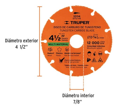 Disco 4 1/2'' Multiprop. Truper Multi Material Madera Metal Naranja