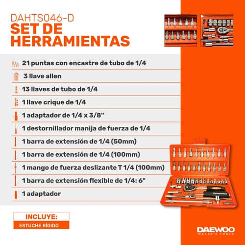 Kit Set De Herramientas Tubo Daewoo Dahts046-d 46 Piezas Color Naranja