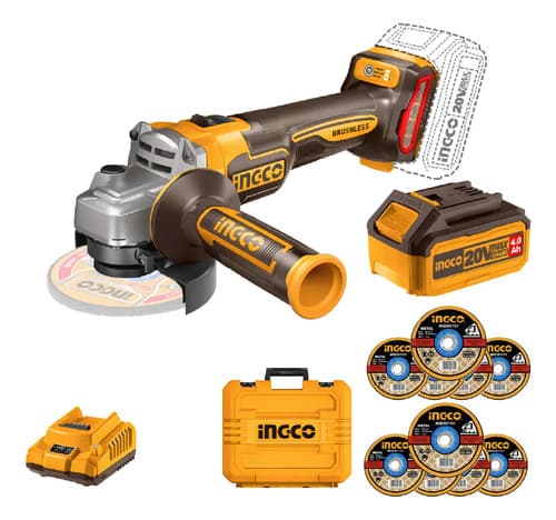 Set Amoladora Ingco 9000rpm Batería Cargador 10 Discos Amarillo 50hz