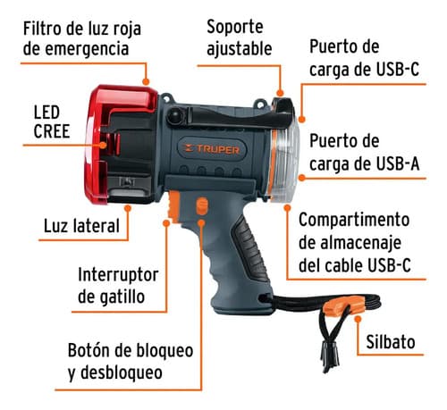 Linterna Reflectora Led 2000 Lm, Recargable, Truper Gris