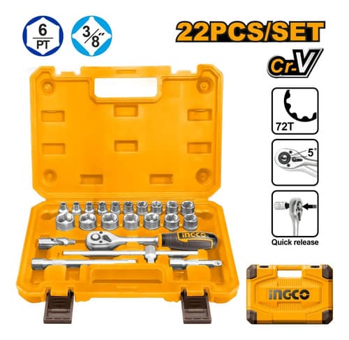 Set 22pcs Crique + Dados Cr-v 3/8  Ingco Hkts38221 Naranja