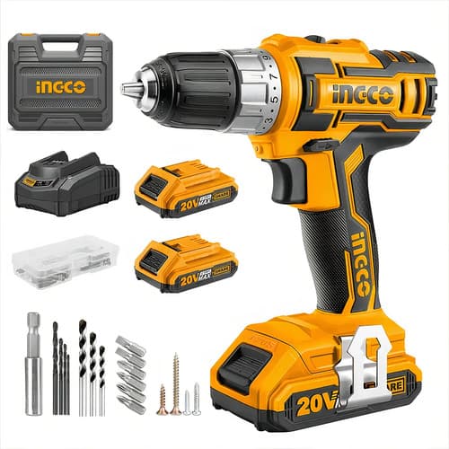 Taladro Inalámbrico Ingco 20v Con 2 Baterías Y Velocidad Variable Amarillo