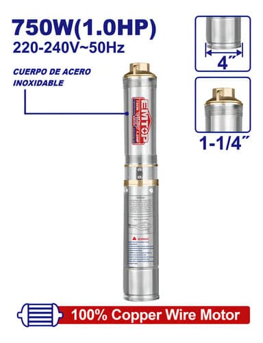 Bomba Sumergible Semisurgente 750w 80m 1hp Emtop Plateado