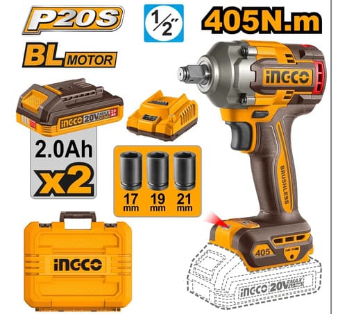Llave De Impacto 20v 405nm + 2 Bat 2.0ah  Ingco Ciwli204 Naranja Claro 20v