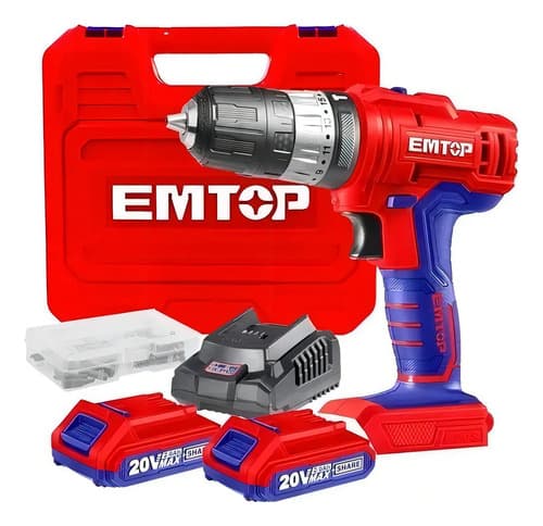 Taladro Atornillador Inalámbrico Emtop 2 Baterías Percutor 13mm Rojo