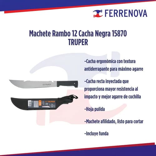 Machete Rambo 12' Cacha Inyectada Negra, Con Funda, Truper