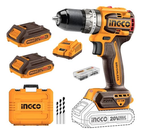 Taladro Percutor Atornillador Ingco 20v, Sin Carbones, 2 Bat Naranja Claro
