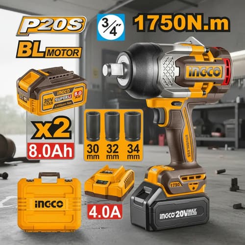 Llave De Impacto Ingco 20v 1750nm 2 Bat 8.0ah Ciwli20175 50hz/60hz