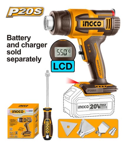 Pistola De Calor 20v P20s Display Lcd Temp Ajustable 30-550° Naranja Claro