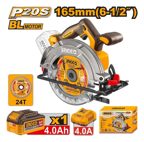Sierra Circular 20v 165mm Bl + Bateria 4.0ah + Disco Ingco Naranja Claro