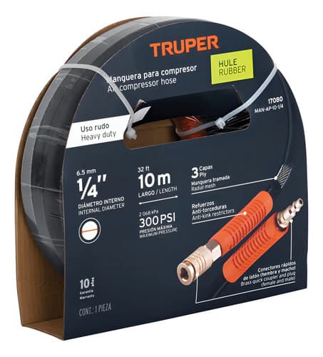 Manguera Compresor Alta Presión 1/4 Hule 300psi 10 Mt Truper Color Negro