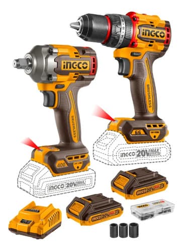 Set Ingco Ckli20275 Atornillador Percutor Bateria P20s Mas Llave De Impacto Color Naranja Claro Frecuencia 50hz/60hz