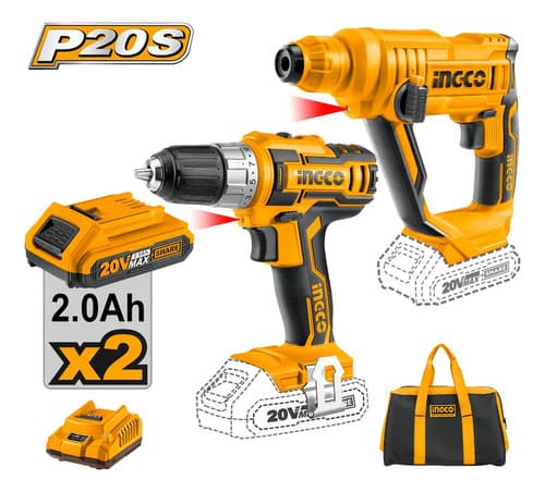 Kit Inalambrico 20v (taladro Y Rotomartillo) Ingco Uckli2008 Color Amarillo Frecuencia 50/60hz