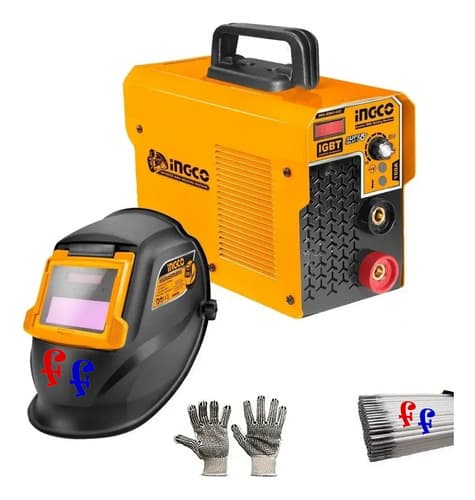Soldadora Inversor Ingco 130 Amperios Con Careta Y Accesorios Para Soldar Anaranjado Y Negro