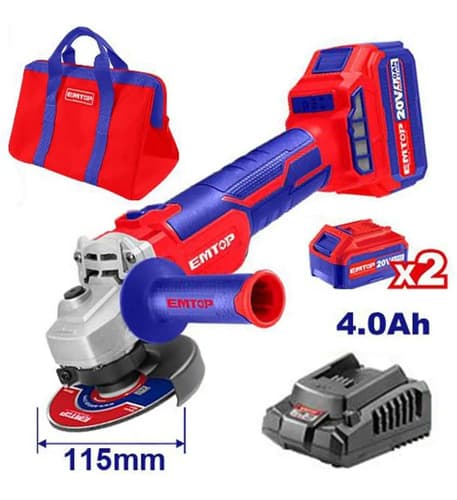Amoladora Inalámbrica 115mm 2bat Cargador Bolso Emtop Rojo/azul