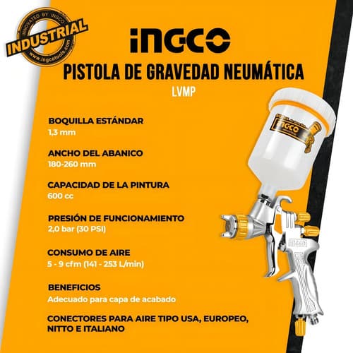 Pistola Para Pintar De Gravedad Lvmp Ingco 600 Ml Industrial