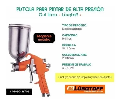 Pistola Soplete Pintar 0.4lt 1.5mm Lusqtoff W71g Tipo Maer Naranja
