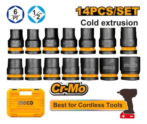 Kit Juego Tubos Impacto Encastre 1/2 Media X 14pzas Ingco Color Negro