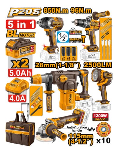 Kit Combo 20v 5pcs En 1 C 2 Bat 5.0 Ah  Ingco Cosli251193