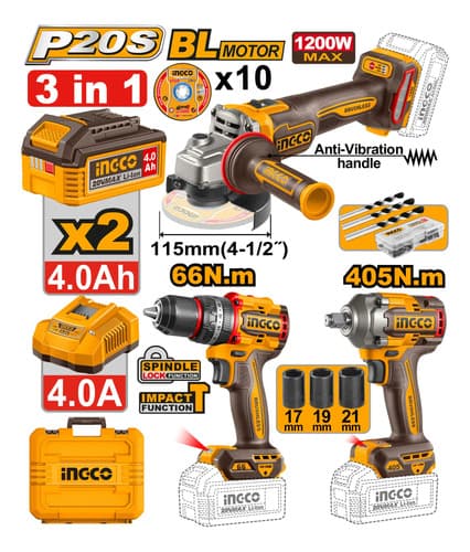 Kit Combo 20v 3 Pcs En 1  C Bat 4.0ah + Carg Ingco Ckli20358