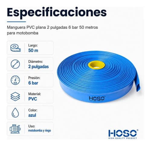Manguera Pvc Plana 2 Pulgadas 6 Bar 50 Metros Motobomba Azul Azul