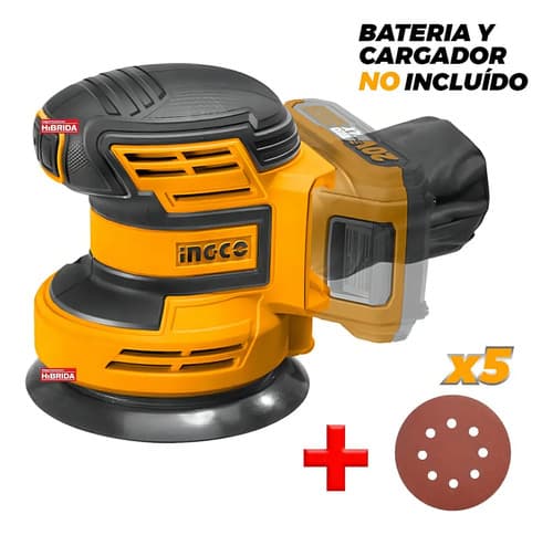 Ingco Lijadora Rotorbital Inalambrica Ionlitio 20v 10000rpm Color Amarillo
