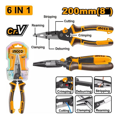 Pinza Punta Fina 8  200mm Cr-v Mult 6 En 1 Ingco Hmflnp28200