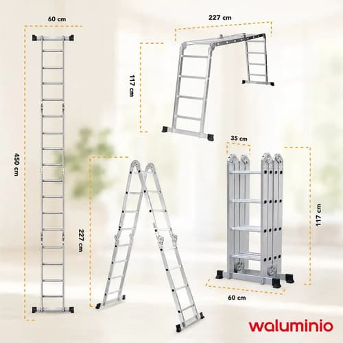 Escalera Multipropósito Aluminio Plegable 4.5m 16 Peldaños 150kg Waluminio Plateado
