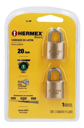 Candados De Latón, 20mm, Blíster 2 Piezas, Hermex 23513 Dorado