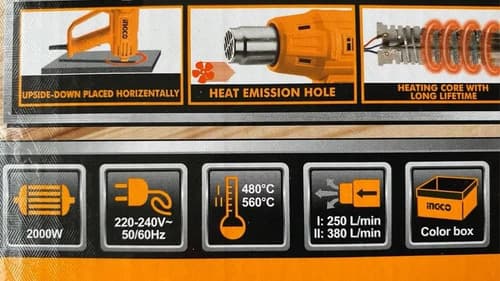 Pistola De Calor Aire Caliente 2000w Industrial Marca Ingco Amarillo