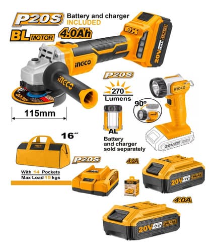 Amoladora Ingco 20v + 2 Bat 4.0ah + Car 4.0ah + Linterna 20v Naranja Claro