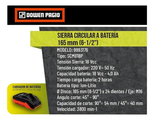Sierra Circular Eléctrica Inalámbrica Dowen Pagio 9993176 165mm Naranja 50hz 50 Hz