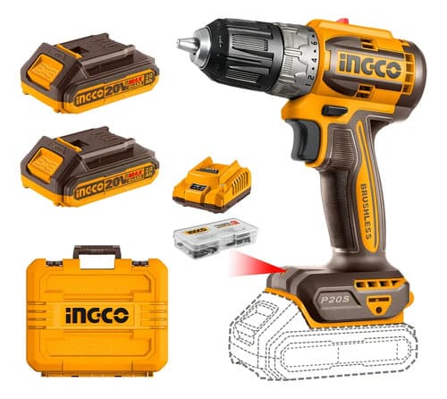 Taladro Inalámbrico Ingco Sin Escobillas Con 2 Baterías Y Cargador De Naranja